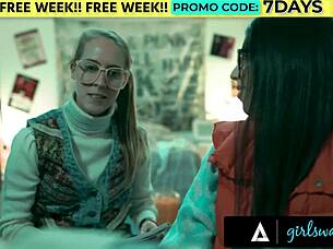 girlsway futuristic milf claims vintage nerdy girl's pussy in rough threesome cunilingus