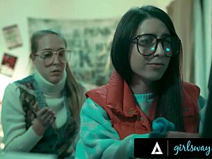 girlsway futuristic milf claims vintage nerdy girl's pussy in rough threesome cunilingus