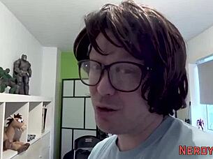 big tit slut gulps down nerd's throbbing cock eagerly