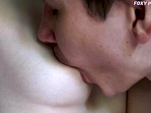 close-up big natural tits licked with tongue on puffy nipples 👅💦