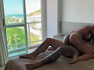 BENT OVER in DOGGYSTYLE as MUSCULAR LATINA RIDER orgasms on cock.