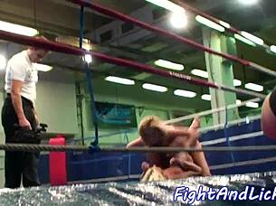 glam babes wrestle into pussy licking frenzy