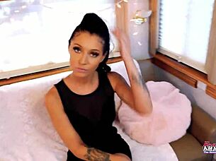Skinny brunette Raven Lane strips teases and masturbates in RV solo