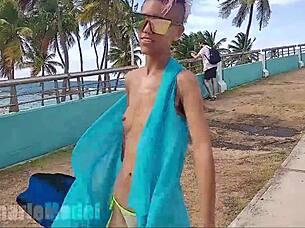 Skinny latina flashes hairy wet pussy underwater publicly