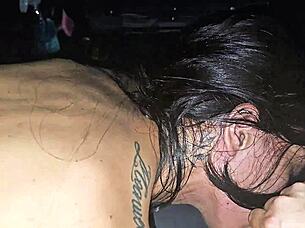 Risky street handjob for two moaning brunettes flashing big asses