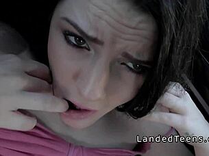 Natural busty teen hitches ride for backseat group facial