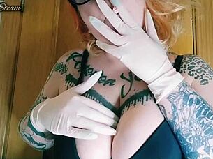 smoking hot chubby milf shows off natural tits in gloves.