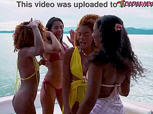 latina lesbians scissor wet pussies in steamy group bath