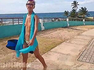 Skinny latina flashes hairy wet pussy underwater publicly