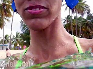 Skinny latina flashes hairy wet pussy underwater publicly