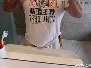 sneaky hottie gives risky blowjob fuck beside wife