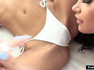 guy dives into threesome with two petite shaved babes