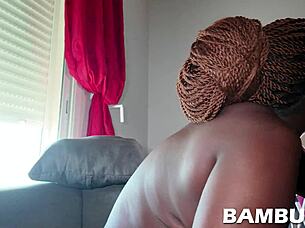 big ebony babe bent over doggystyle for monster cock creampie pounding 💦🍑