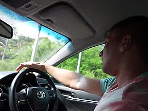 Hey, watch this deep car blowjob turn into risky POV cumshot!