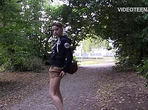 Cute Sandy flashes shaved pussy sans panties under skirt