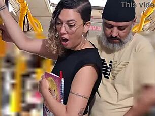 Slutty student blackmailed for public bus cumshot licking