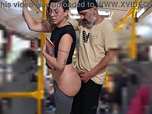 Slutty student blackmailed for public bus cumshot licking