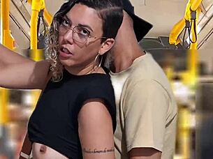 Slutty student blackmailed for public bus cumshot licking