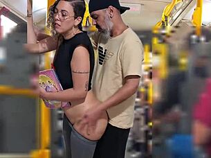 Slutty student blackmailed for public bus cumshot licking