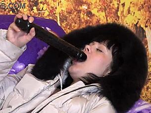 Milf Sucks Big Dildo in Fur-Trimmed Hood Coat Fetish