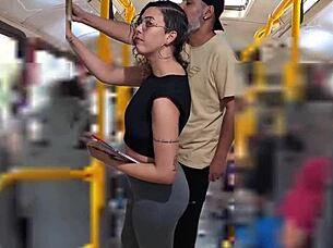 Slutty student blackmailed for public bus cumshot licking