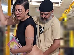 Slutty student blackmailed for public bus cumshot licking