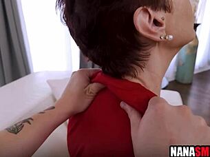 young guy stretches mature redhead granny wide open