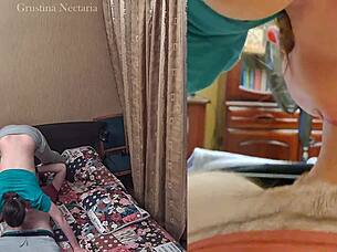russian couple spontaneous bedroom blowjob closeup homemade brunette tits