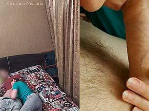 russian couple spontaneous bedroom blowjob closeup homemade brunette tits