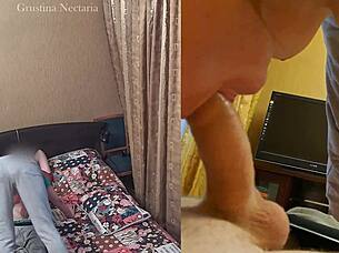 russian couple spontaneous bedroom blowjob closeup homemade brunette tits