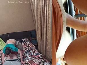 russian couple spontaneous bedroom blowjob closeup homemade brunette tits