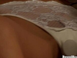 dominant lesbian mistress orgasms on strapon with bound slave ass