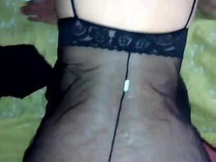 Italian milf spreads legs in lingerie for monster cock.