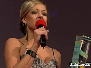 Sexy Blonde's Hot Body Striptease Rips Clothes Off Stage
