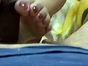 guy rubs wet young pussy lips closeup