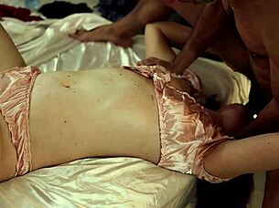 white amateur milf in leather outfit with satin lingerie and heels