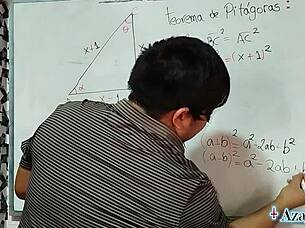 sexy math teacher nerd proves erotic pythagoras theorem with brown-eyed student!
