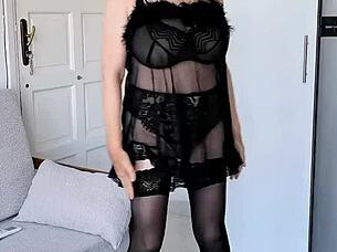 Huge titted mature teases in black lingerie JOI