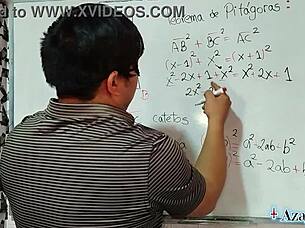 sexy math teacher nerd proves erotic pythagoras theorem with brown-eyed student!
