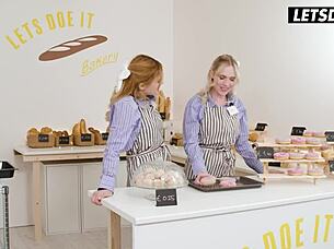 Naughty teen bakers scissor kiss lick wet pussies at work