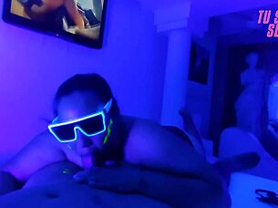 submissive girl gags on deepthroat spit in neon room