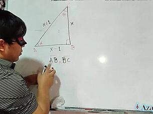 sexy math teacher nerd proves erotic pythagoras theorem with brown-eyed student!