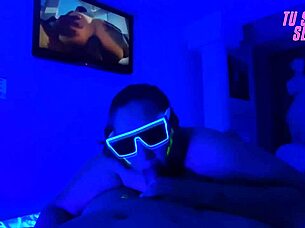 submissive girl gags on deepthroat spit in neon room