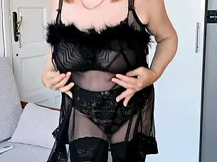 Huge titted mature teases in black lingerie JOI