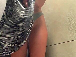 Horny ass plugs juicy pussy in public changing room squirt fail