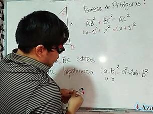 sexy math teacher nerd proves erotic pythagoras theorem with brown-eyed student!