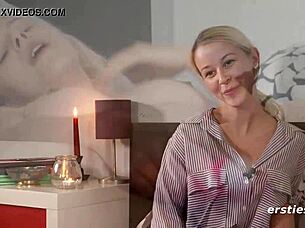 blonde babe intimately explores her toy up close in solo play