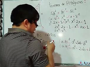 sexy math teacher nerd proves erotic pythagoras theorem with brown-eyed student!