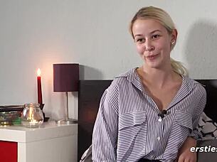 blonde babe intimately explores her toy up close in solo play