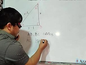 sexy math teacher nerd proves erotic pythagoras theorem with brown-eyed student!